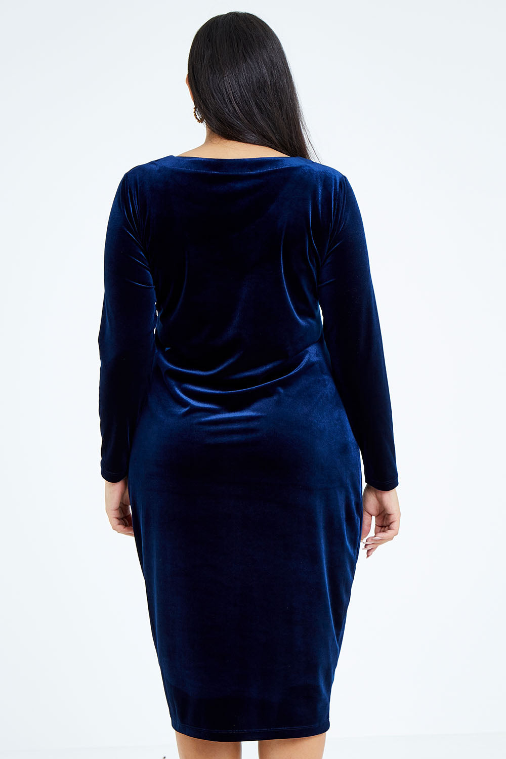 Model Sasha-Lee wearing size 16 of the Diana Velvet Dress in colour Moonlight (Blue), from the back