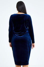 Model Sasha-Lee wearing size 16 of the Diana Velvet Dress in colour Moonlight (Blue), from the back