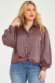 Model Katie wearing size 16 of the Heather Shirt in colour Navypink (Blue), from the front, cropped image