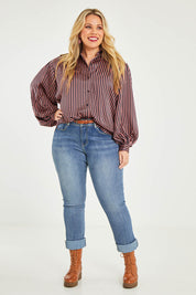 Model Katie wearing size 16 of the Heather Shirt in colour Navypink (Blue), from the front, showing the whole outfit
