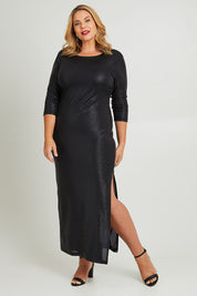 Model Fiona wearing size 16 of the Lorena Dress in colour Black (Black), from the front, showing the whole outfit