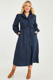 Model Katie wearing size 16 of the Jeanette Shirt Dress in colour Navy (Blue), from the front, showing the whole outfit