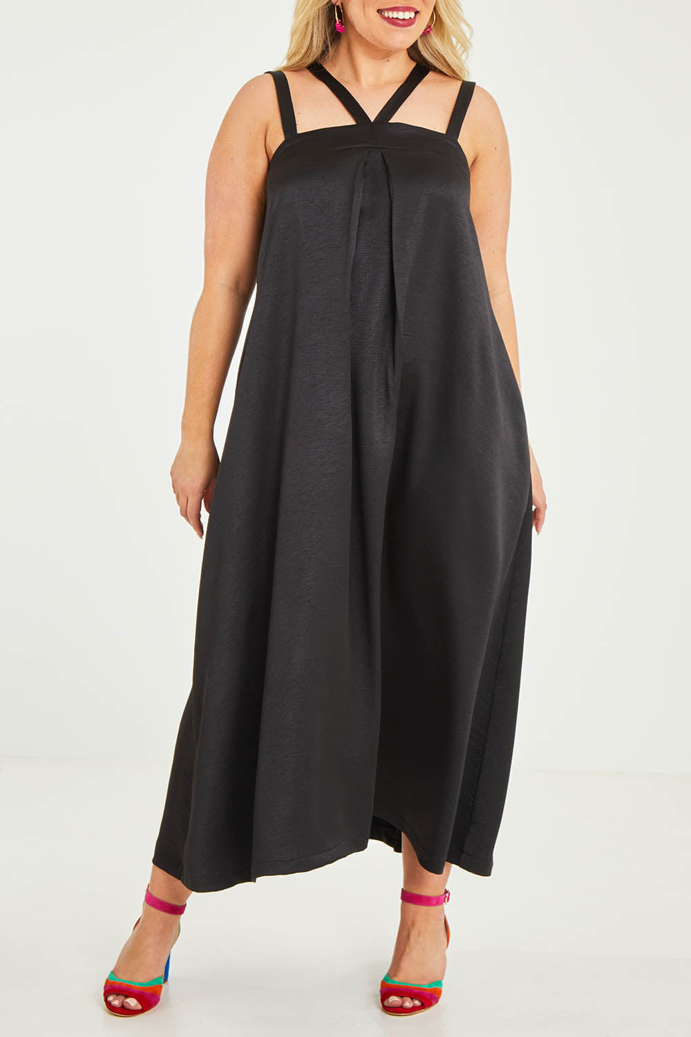 Model Katie wearing size 16 of the Carla Dress in colour Black (Black), from the front, cropped image