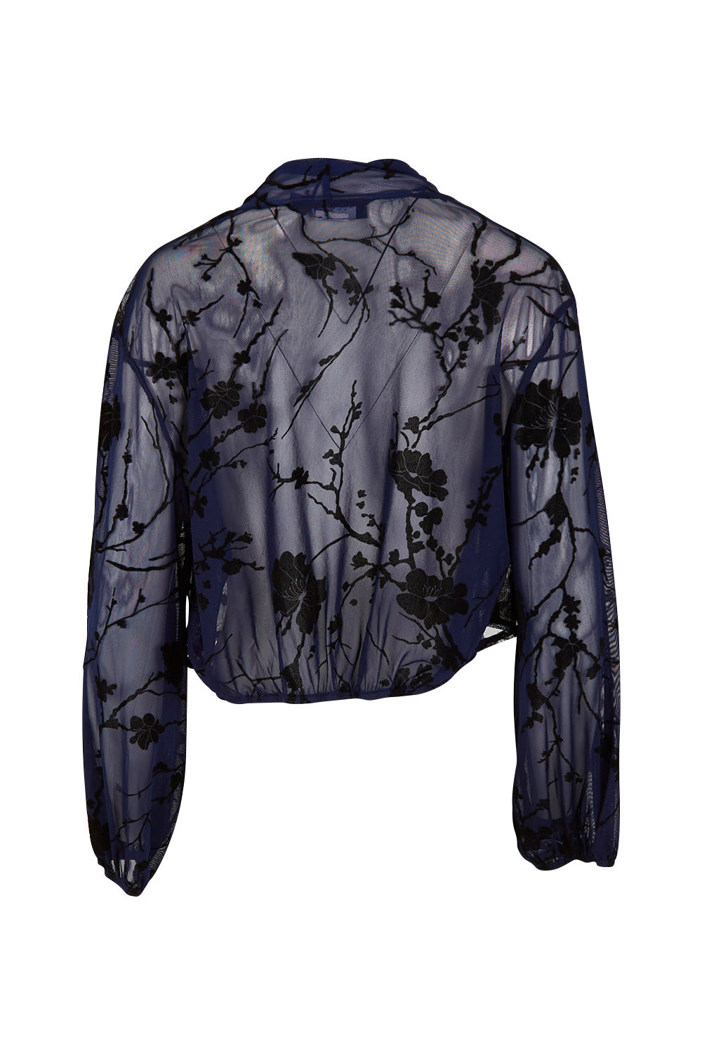 Product shot of the Penny Shrug in colour Navyfleur (Blue), from the back