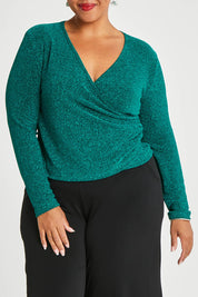 Model Alexis wearing size 16 of the Charlotte Top in colour Jade (Green), from the front, cropped image