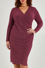 Model Maddy wearing size 16 of the Charleen Dress in colour Berry (Pink), from the front, cropped image