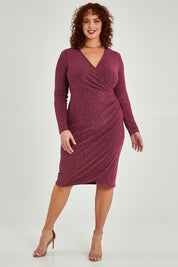Model Maddy wearing size 16 of the Charleen Dress in colour Berry (Pink), from the front, showing the whole outfit