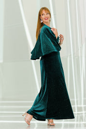 Model Katie wearing size 10 of the Lynette Velvet Cape in colour Jade (Green), from the front, showing the whole outfit