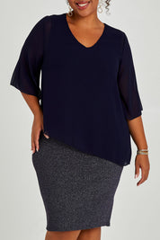 Model Alexis wearing size 16 of the Bridgette Dress in colour Navy (Blue), from the front, cropped image