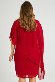 Model Laura wearing size 14 of the Beatrice Dress in colour Red (Red), from the back