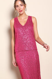 Model Maddiec wearing size 10 of the Reece Top - Cerise in colour Cerise, in a cropped view