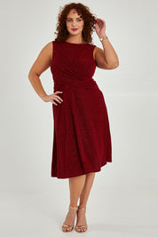 Model Maddy wearing size 16 of the Alex Dress in colour Flame (Red), from the front, showing the whole outfit