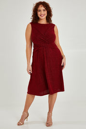 Model Maddy wearing size 16 of the Alex Dress in colour Flame (Red), from the front, showing the whole outfit