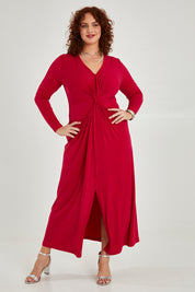 Model Maddy wearing size 16 of the Francesca Dress in colour Granita (Red), from the front, showing the whole outfit