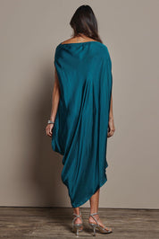 Model Amanda wearing size S of the Hayley Dress in colour Ocean (Green), from the back