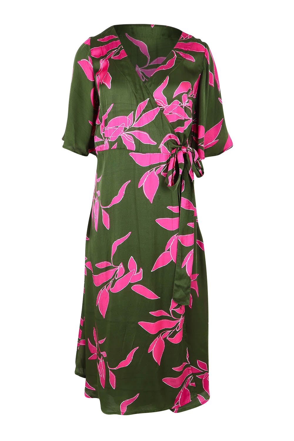 Product shot of the Ailin Wrap Dress in colour Vividflora (Green), from the front