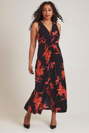 Model Terri-Leigh wearing size 14 of the Frankie Dress in colour Firelight (Black), from the front, showing the whole outfit
