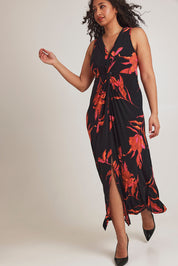 Model Terri-Leigh wearing size 14 of the Frankie Dress in colour Firelight (Black), from the front, showing the whole outfit
