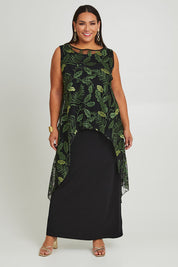 Model Ashleigh wearing size 16 of the Mariela Dress Set in colour Blkforest (Black), from the front, showing the whole outfit
