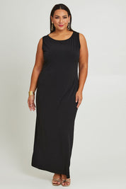 Model Ashleigh wearing size 16 of the Mariela Dress Set in colour Blkforest (Black), from the front, showing the whole outfit