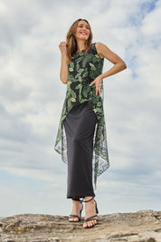 Model Clementine wearing size 10 of the Mariela Dress Set in colour Blkforest (Black), from the front, showing the whole outfit
