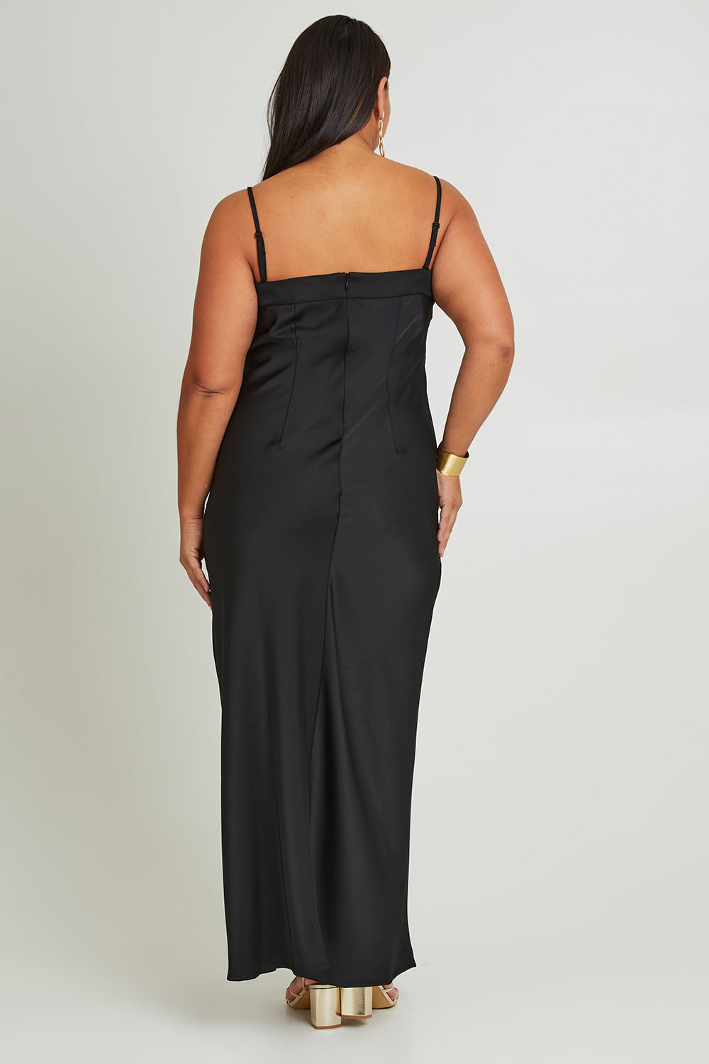 Model Ashleigh wearing size 16 of the Katie Dress in colour Black (Black), from the back