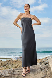 Model Clementine wearing size 10 of the Katie Dress in colour Black (Black), from the front, showing the whole outfit
