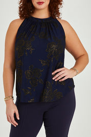 Model Maddy wearing size 16 of the Cara Top in colour Navygold (Blue), from the front, cropped image