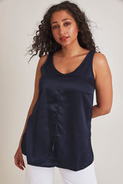Model Terri-Leigh wearing size 14 of the Cindy Top in colour Navy (Blue), from the front, cropped image