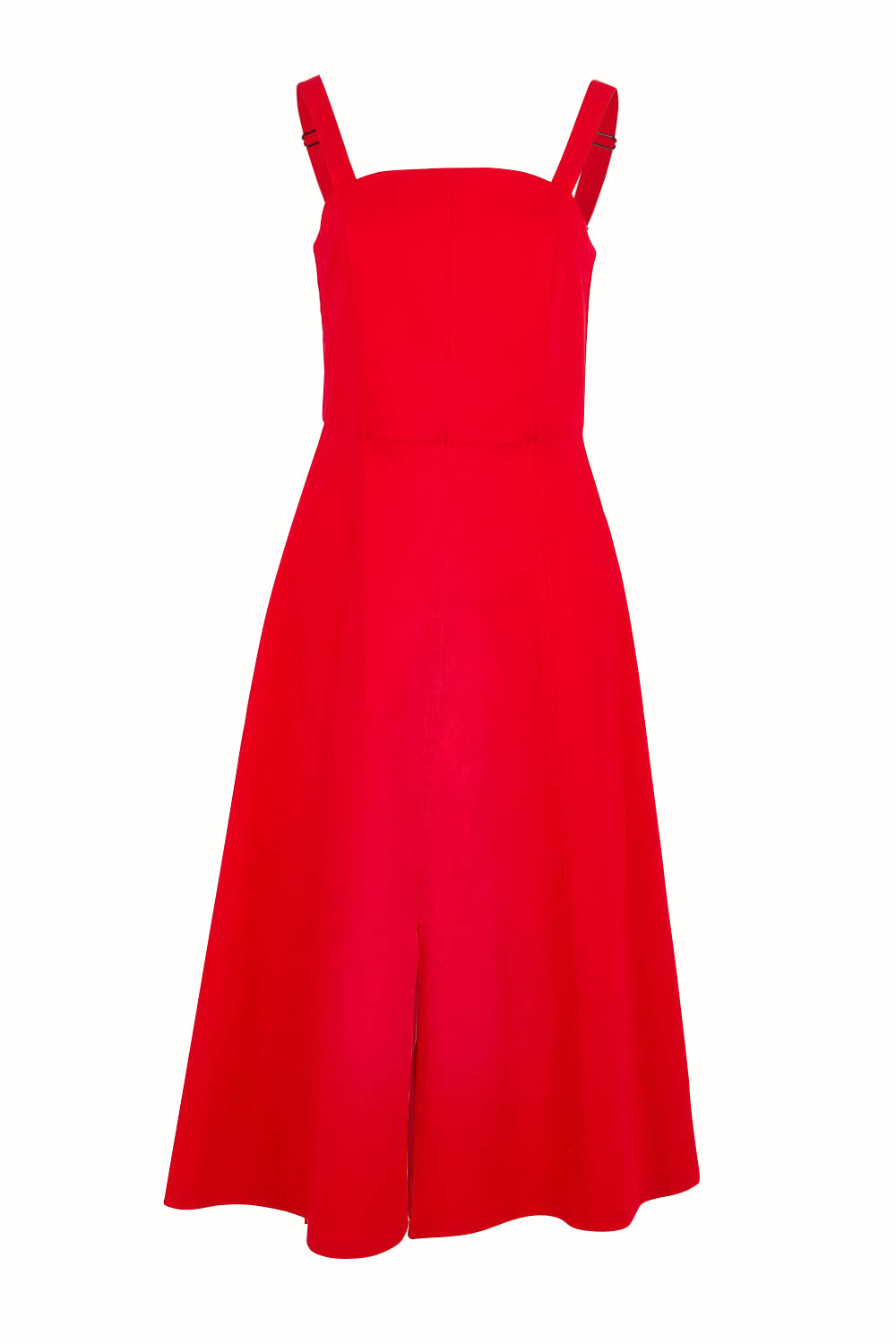 Product shot of the Carmen Dress in colour Flame (Red), from the front