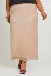 Model Ashleigh wearing size 16 of the Sherri Skirt in colour Amber (Metallics), from the front, cropped image