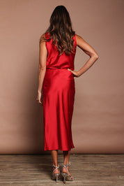 Model Amanda wearing size 10 of the Loulou Satin Skirt in colour Red (Red), from the back