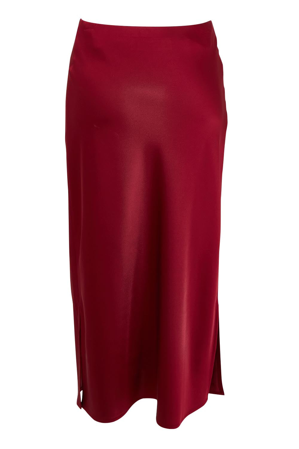 Product shot of the Loulou Satin Skirt in colour Shiraz (Red), from the back