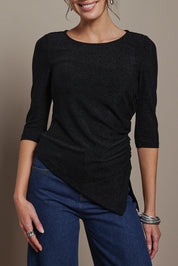 Model Madeline wearing size 10 of the Aisling Top in colour Black (Black), from the front, cropped image