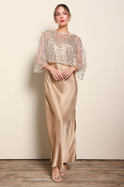 Model Maddiec wearing size 10 of the Petite Nina Sequin Top – Gold in colour Gold, from the front