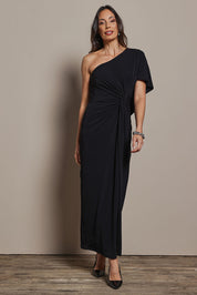 Model Amanda wearing size 10 of the Vanessa Evening Gown in colour Black (Black), from the front, showing the whole outfit