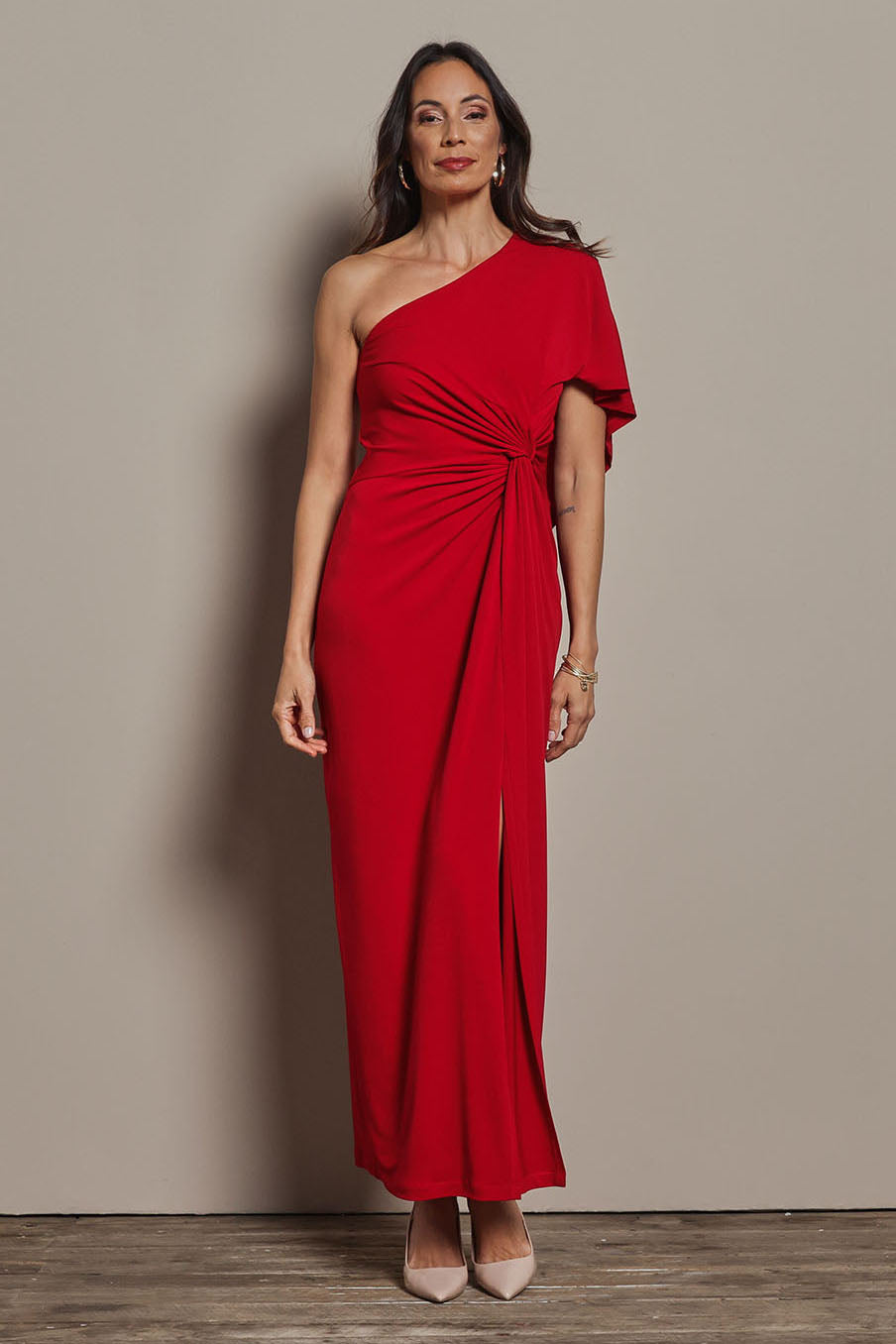 Model Amanda wearing size 10 of the Vanessa Evening Gown in colour Red (Red), from the front, showing the whole outfit