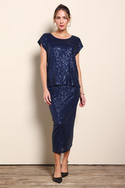 Model Maddiec wearing size 10 of the Reegan Sequin Top – Navy in colour Navy, from the front