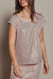 Model Amanda wearing size 10 of the Reegan Sequin Top in colour Rosegold (Metallics), from the front, cropped image