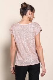 Model Maddiec wearing size 10 of the Reegan Sequin Top - Rosegold in colour Rosegold, from the back