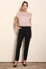 Model Maddiec wearing size 10 of the Reegan Sequin Top - Rosegold in colour Rosegold, from the front