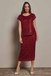 Model Amanda wearing size 10 of the Reegan Sequin Top in colour Rouge (Metallics), from the front, showing the whole outfit