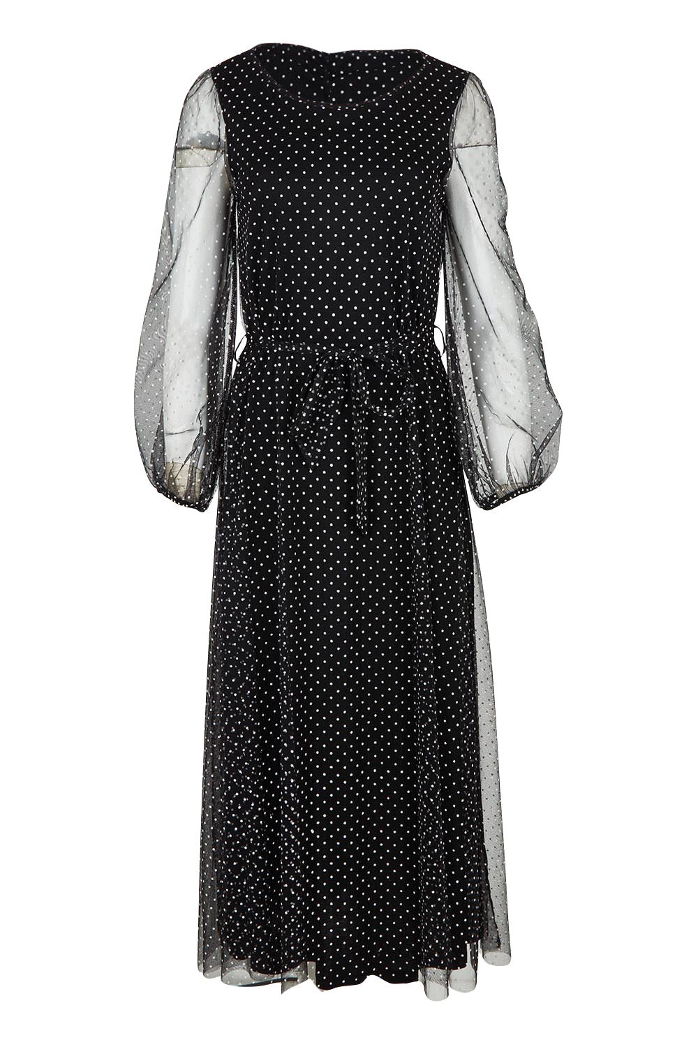 Product shot of the Lorraine Dress in colour Whitedot (Black), from the front