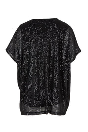 Product shot of the Renee Sequin Top in colour Black (Metallics), from the back