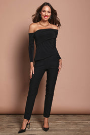 Model Madeline wearing size 10 of the Lucy Top in colour Black (Black), from the front, showing the whole outfit