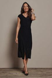 Model Amanda wearing size 10 of the Josephine Mesh Dress in colour Black (Black), from the front, showing the whole outfit