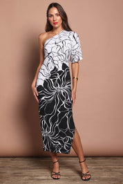 Model Madeline wearing size 10 of the Racquel Dress in colour Blackwhite (Black), from the front, showing the whole outfit