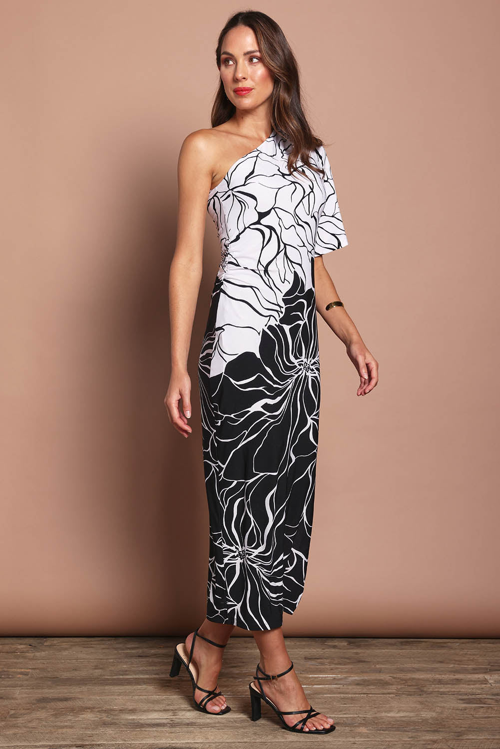 Model Madeline wearing size 10 of the Racquel Dress in colour Blackwhite (Black), from the front, showing the whole outfit