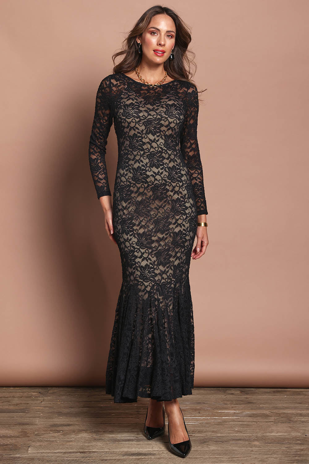 Model Madeline wearing size 10 of the Claire Lace Dress in colour Black (Black), from the front, showing the whole outfit