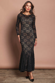 Model Madeline wearing size 10 of the Claire Lace Dress in colour Black (Black), from the front, showing the whole outfit